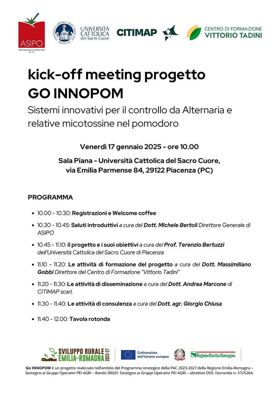 progetto GO INNOPOM - Sistemi innovativi per valutare e contrastare lo sviluppo di Alternaria e altre micotossine del pomodoro da industria