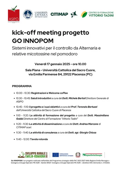 progetto GO INNOPOM - Sistemi innovativi per valutare e contrastare lo sviluppo di Alternaria e altre micotossine del pomodoro da industria